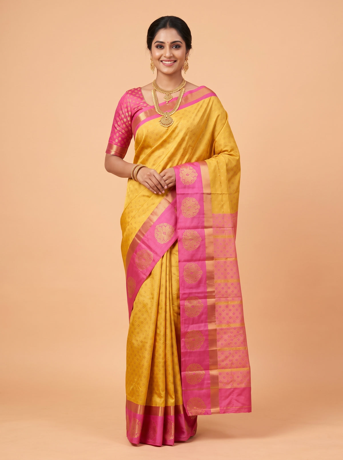 Cream Silk Saree with Geometric Woven Motifs and Gold Zari Floral Border