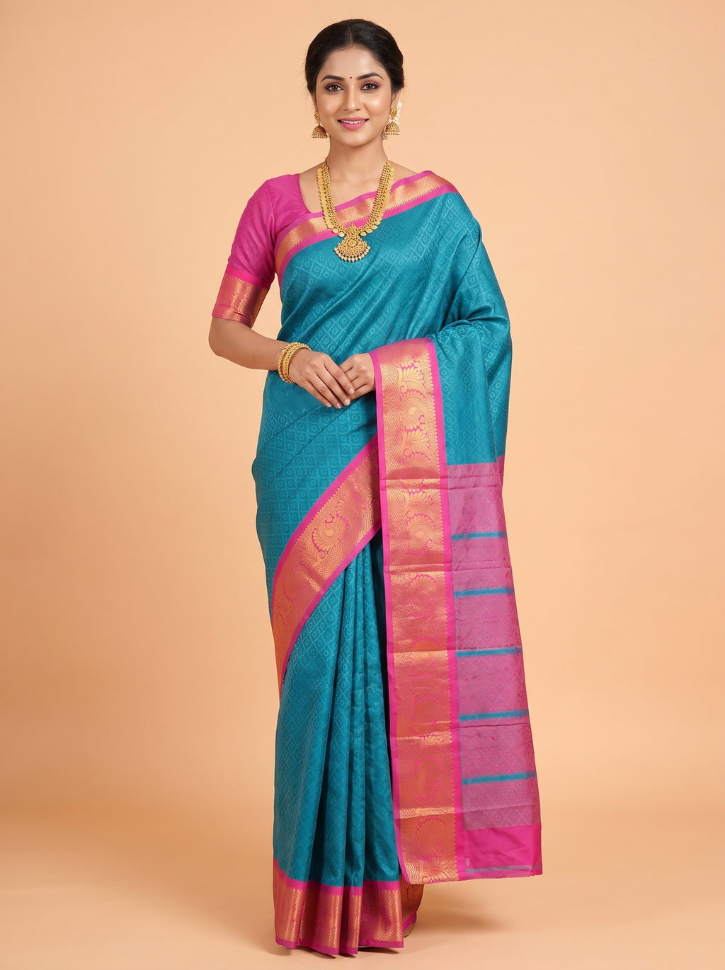 Teal Blue Bangalore Silk Saree with Magenta Floral Zari Pallu
