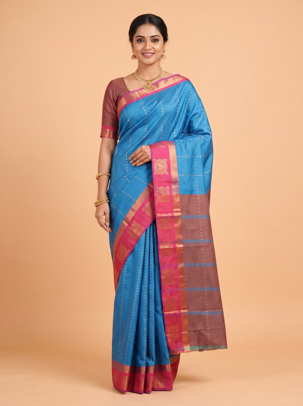 Turquoise Blue Bangalore Silk Saree with Wine Pallu and Antique Zari Temple Border