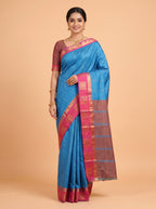 Turquoise Blue Bangalore Silk Saree with Wine Pallu and Antique Zari Temple Border