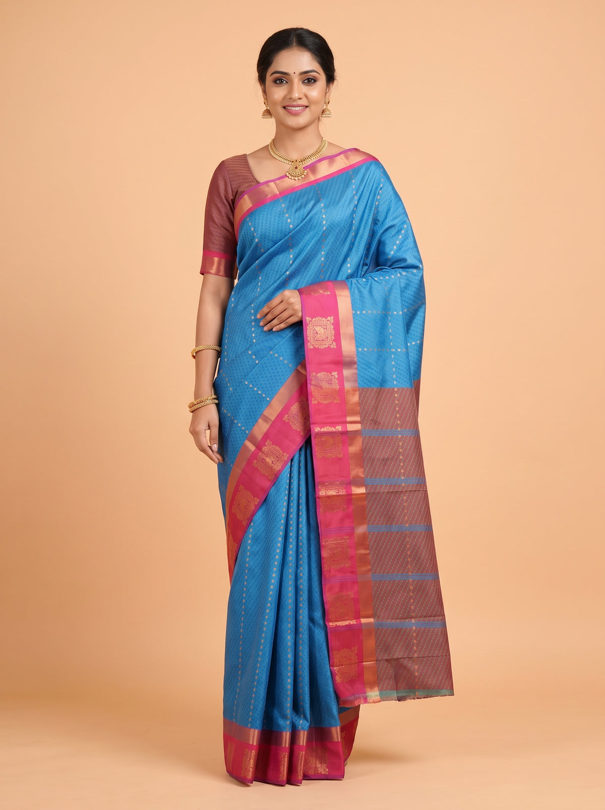 Turquoise Blue Bangalore Silk Saree with Wine Pallu and Antique Zari Temple Border