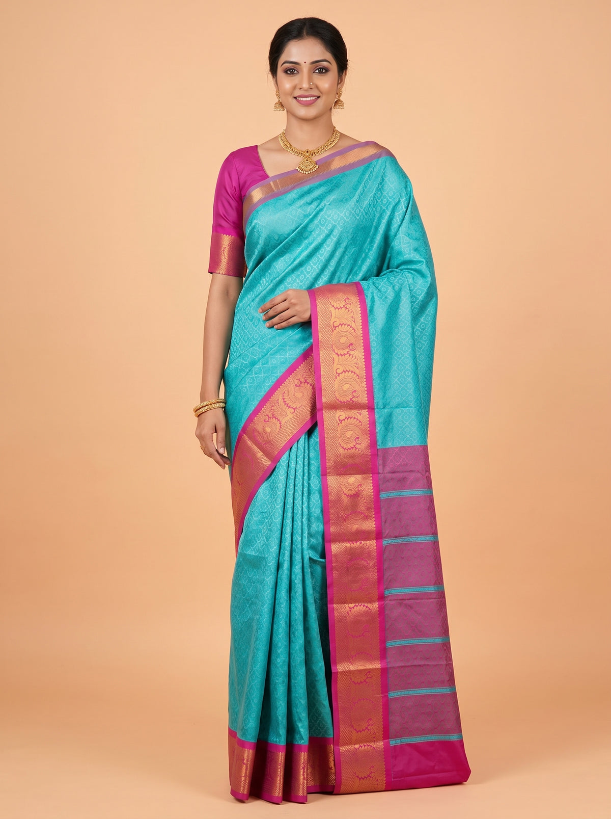 Turquoise Blue Bangalore Silk Saree with Magenta Brocade Pallu and Zari Border