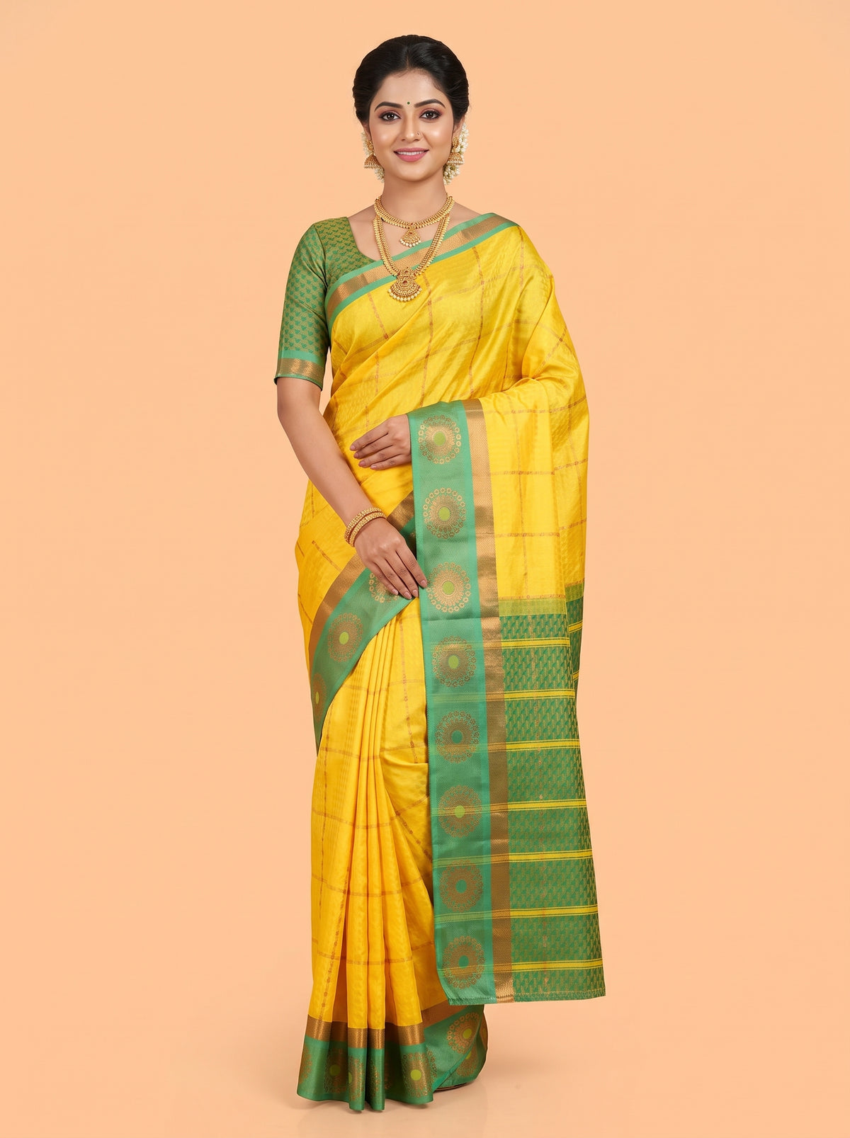 Golden Yellow Bangalore Silk Saree with Emerald Green Floral Pallu