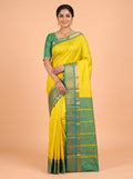 Golden Yellow Bangalore Silk Saree with Teal Green Checked Pallu and Peacock Motif Border