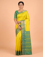 Golden Yellow Bangalore Silk Saree with Teal Green Checked Pallu and Peacock Motif Border