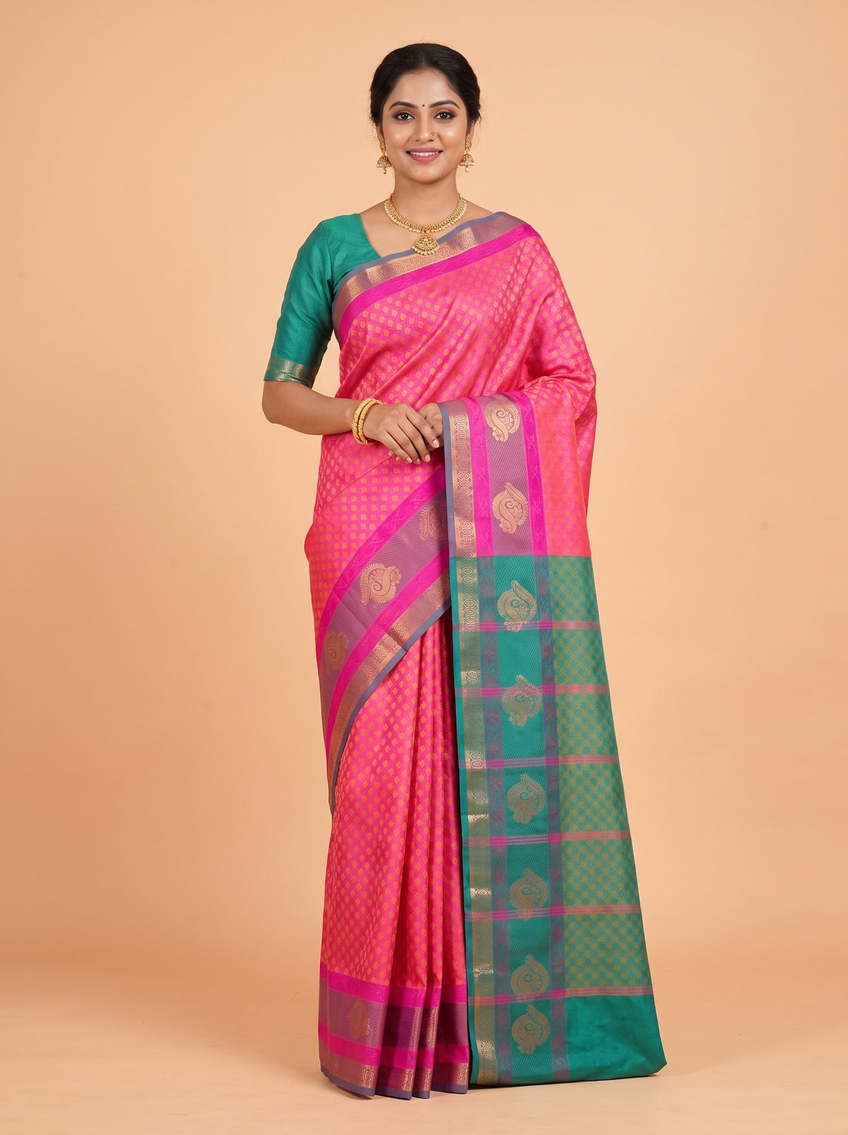 Fuchsia Pink Bangalore Silk Saree with Emerald Green Pallu and Antique Gold Zari