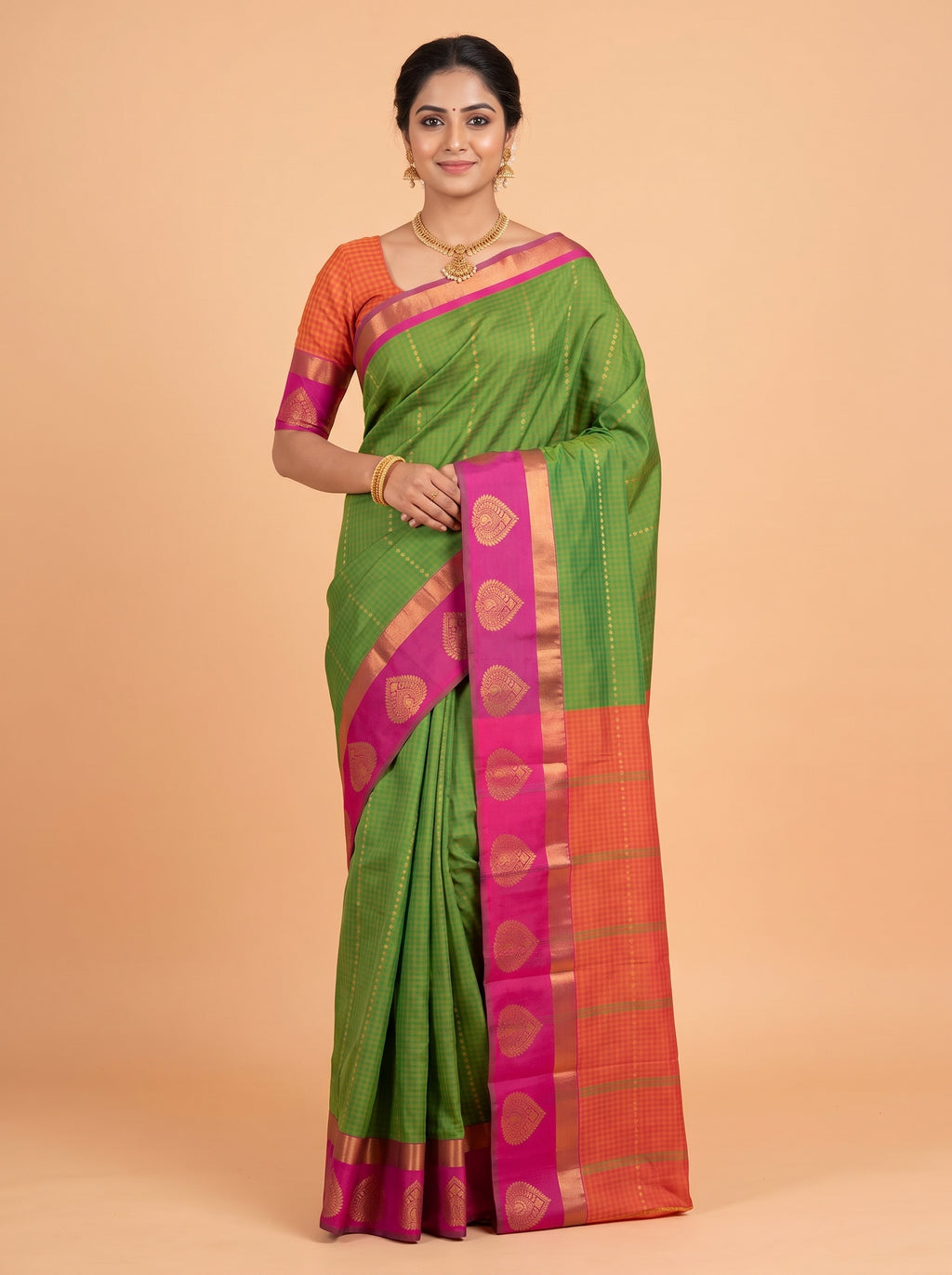 Vibrant Green Bangalore Silk Saree with Emerald Green Pallu and Magenta Zari Border