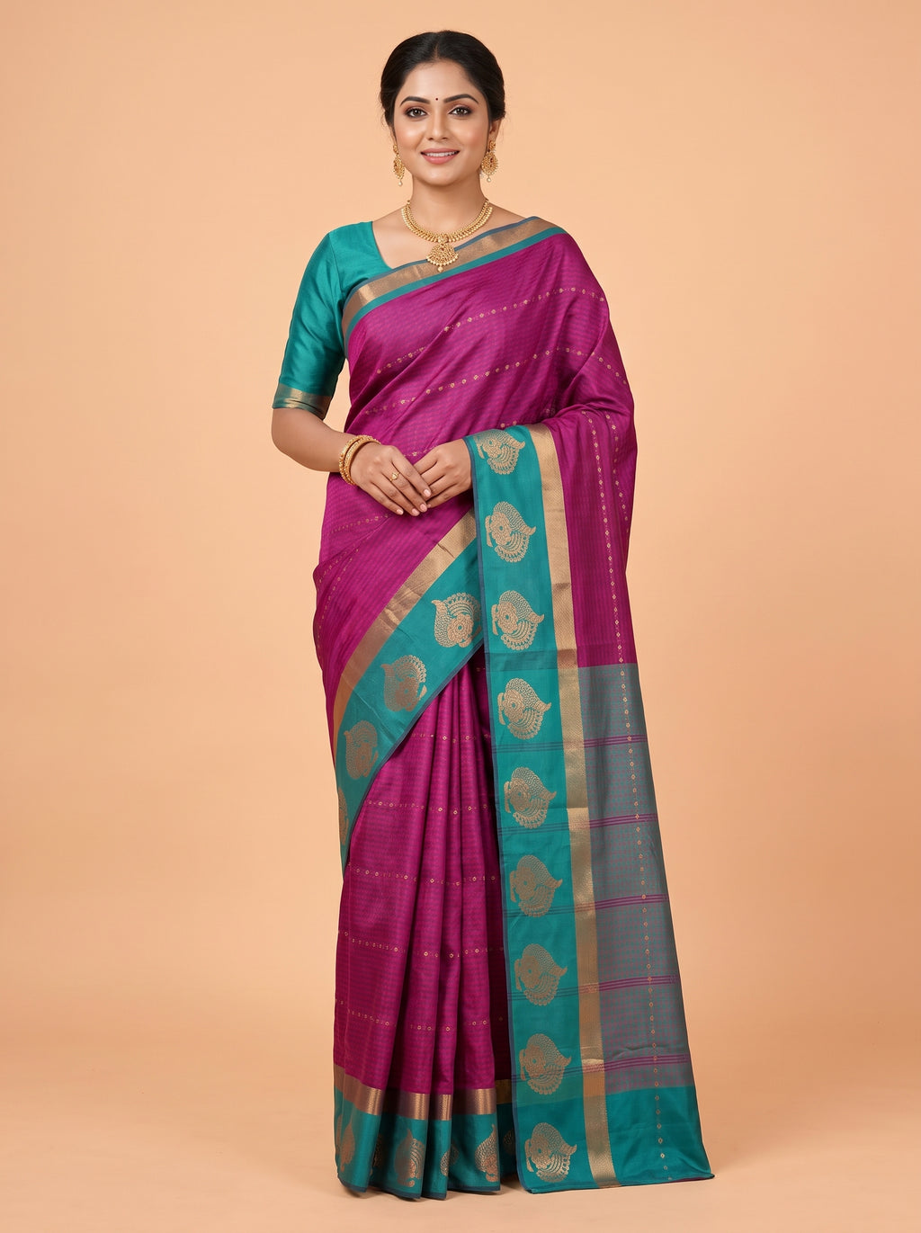 Deep Magenta Bangalore Silk Saree with Teal Grey Pallu and Ornate Zari Motifs