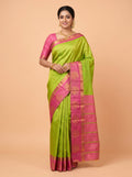Leaf Green Bangalore Silk Saree with Rani Pink Pallu and Gold Paisley Zari