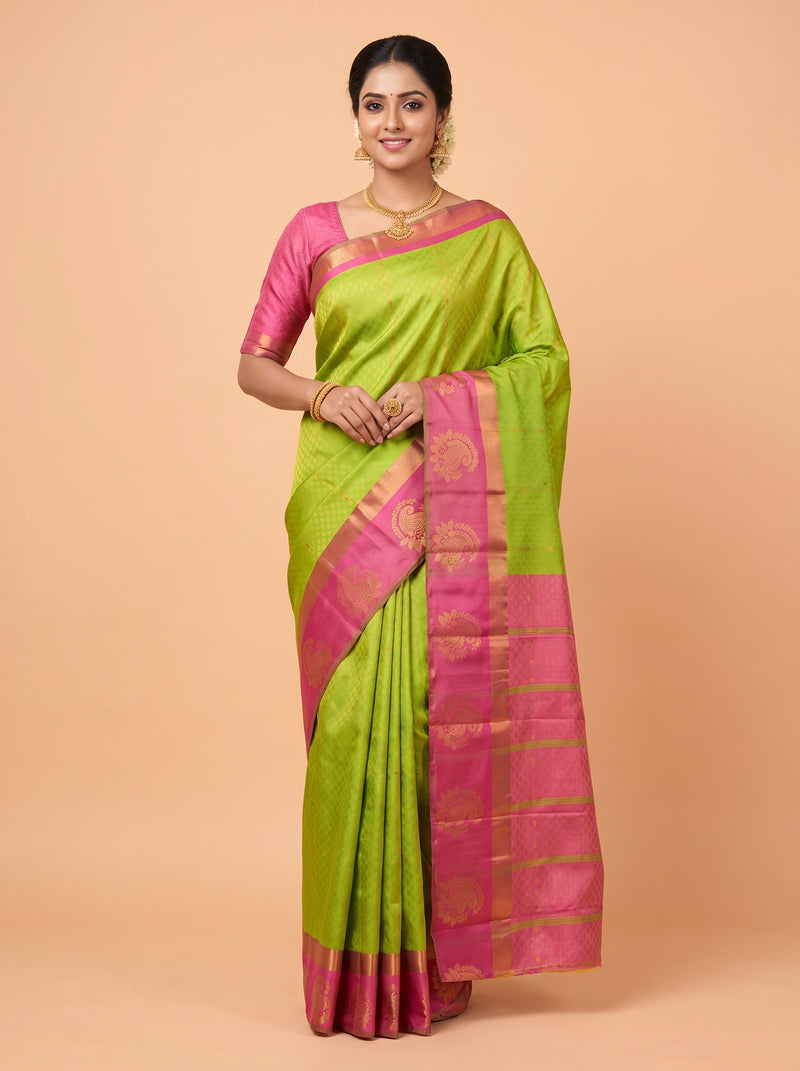 Leaf Green Bangalore Silk Saree with Rani Pink Pallu and Gold Paisley Zari
