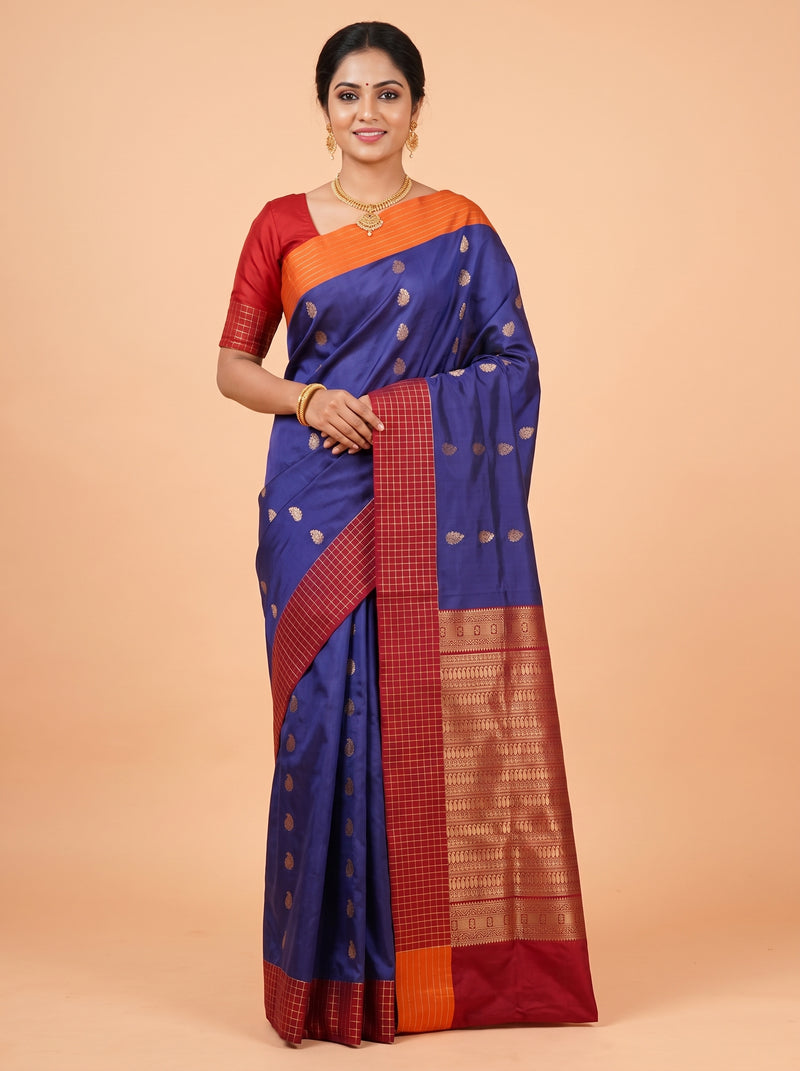 Royal Purple Bangalore Silk Saree with Maroon Checked Panel, Orange Contrast Border and Rich Gold Zari Pallu