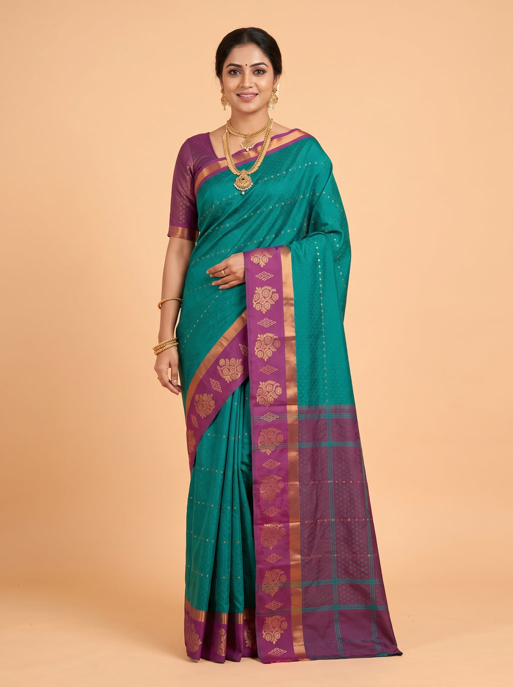 Teal Green Bangalore Silk Saree with Wine Contrast Pallu and Floral Zari Border