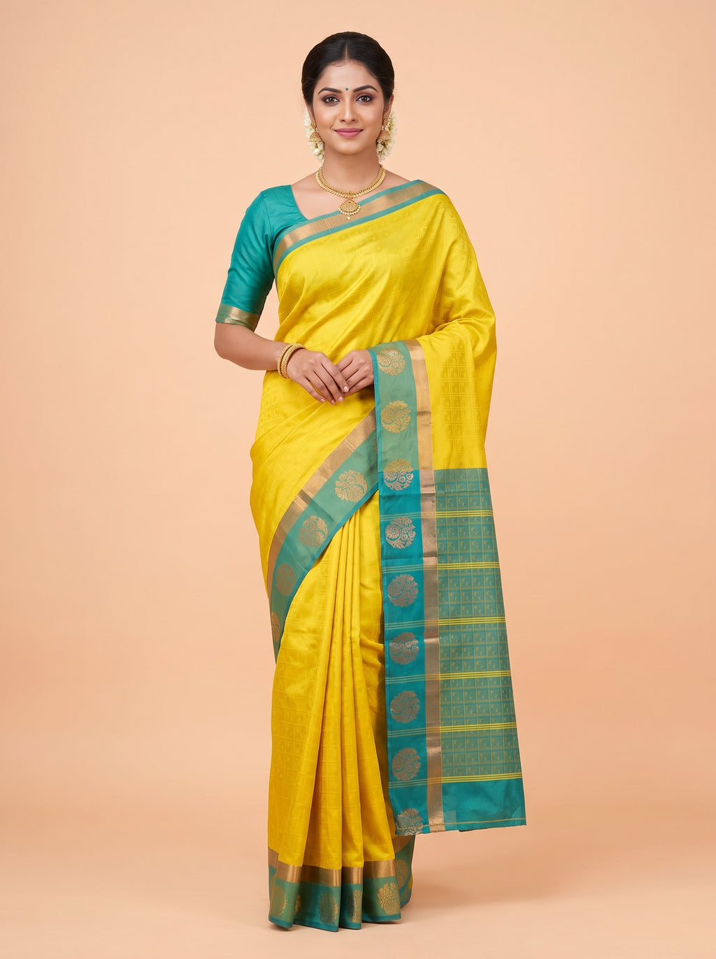 Mustard Yellow Bangalore Silk Saree with Teal Green Pallu and Gold Floral Zari