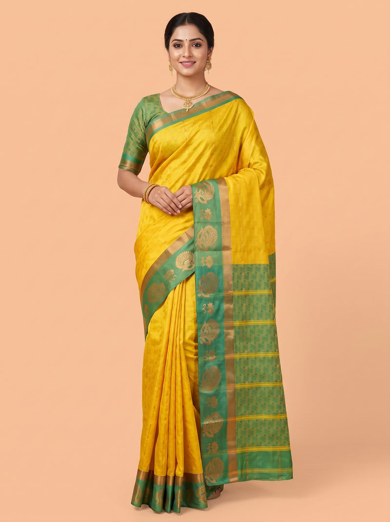Emerald Green Bangalore Silk Saree with Mustard Yellow Pallu and Gold Zari