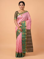 Soft Pink Silk Saree with Intricate Geometric Woven Texture and Ornate Floral Zari Detailing