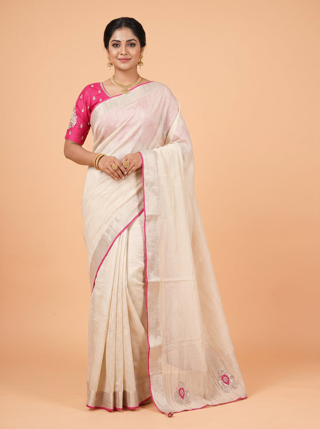 Cream Organza Saree with Embroidered Border