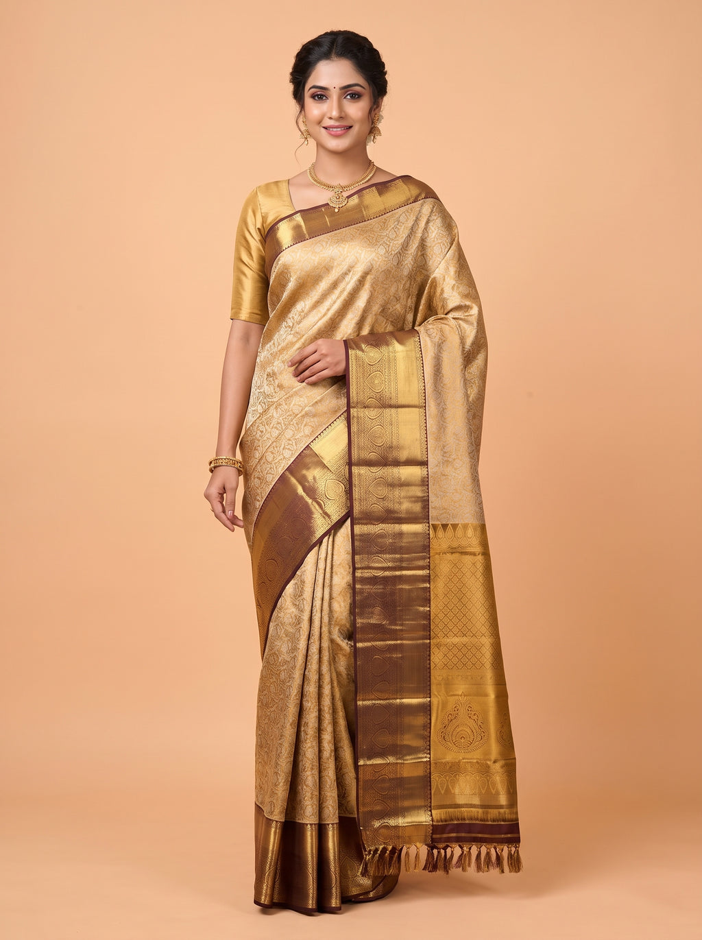Gold Pure Tissue Silk Saree with Diamond Woven Body and Ornate Zari Pallu