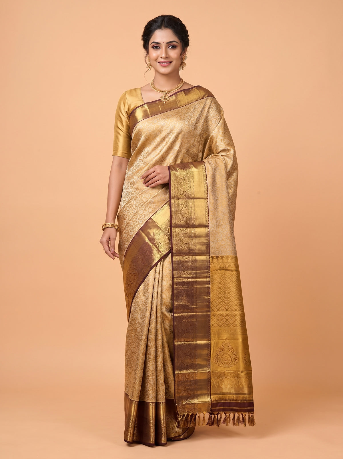 Gold Pure Tissue Silk Saree with Diamond Woven Body and Ornate Zari Pallu