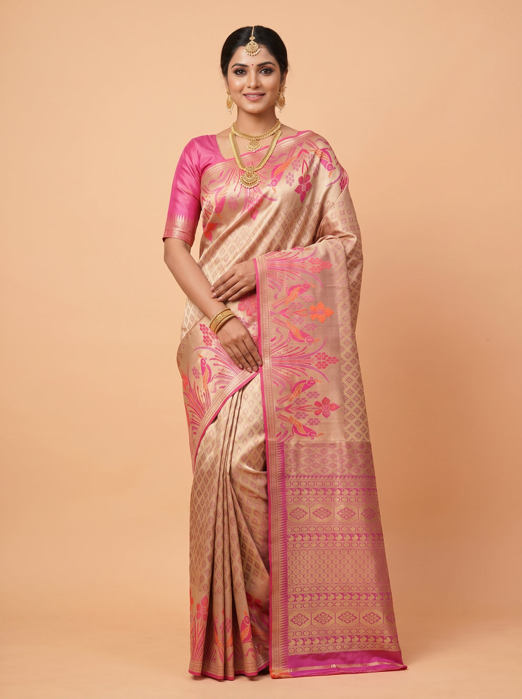 Rose Pink Pure Tissue Silk Saree with Floral Zari Weave