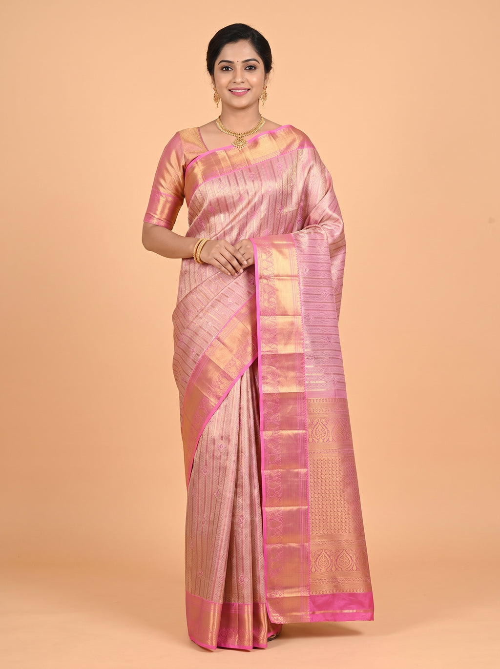 Rose Pink Pure Tissue Silk Saree with Ornate Zari Weave