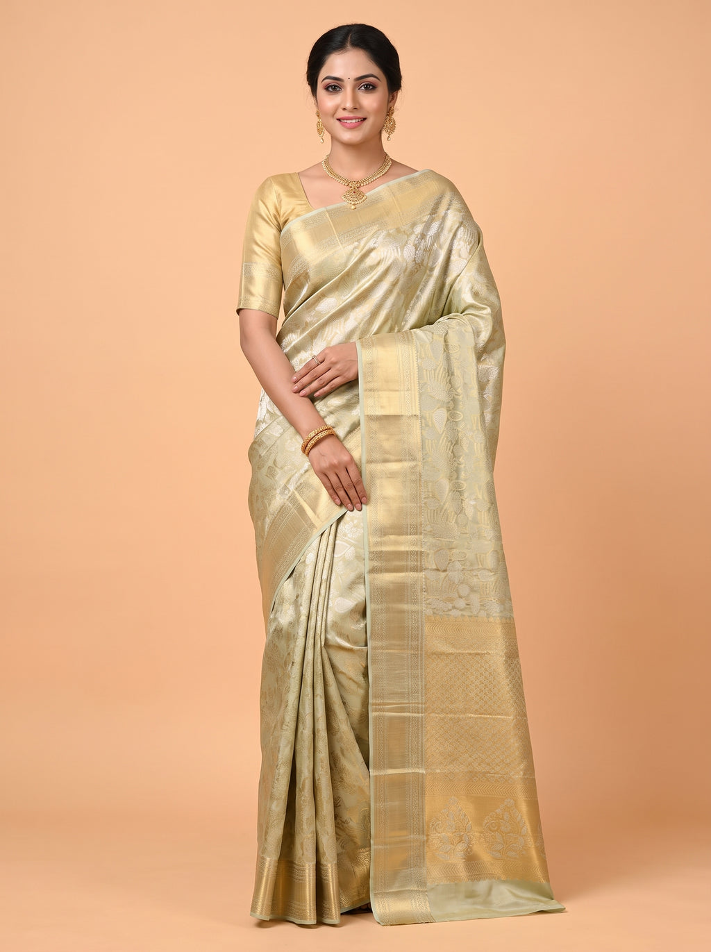Pista Green Pure Tissue Silk Saree with Chevron Zari Weave