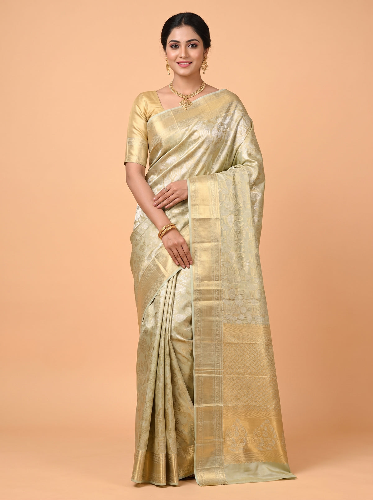 Pista Green Pure Tissue Silk Saree with Chevron Zari Weave