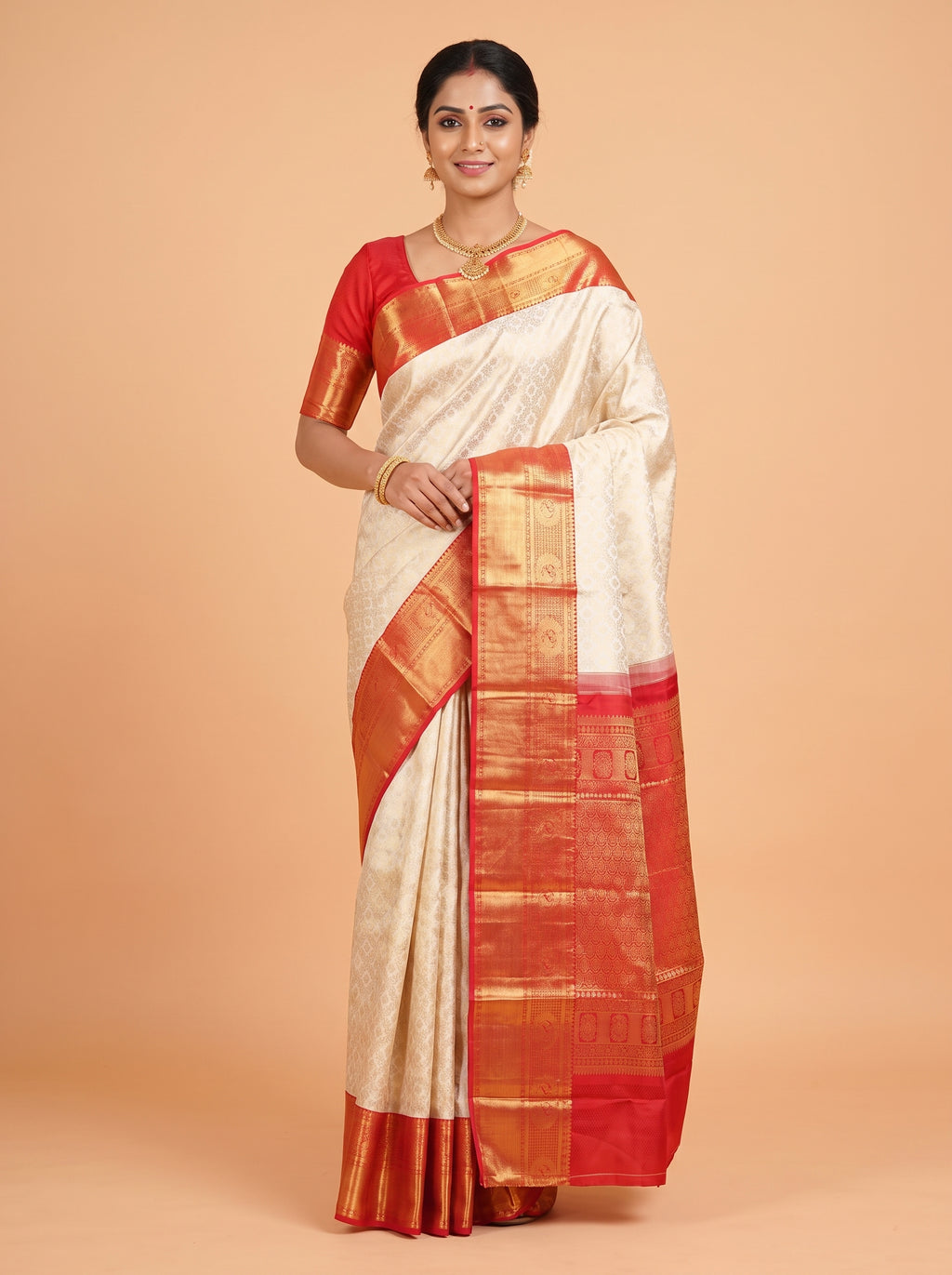White Pure Kanchivaram Bridal Silk Saree with Floral Zari Brocade