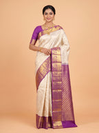 White Pure Kanchivaram Bridal Silk Saree with Floral Brocade