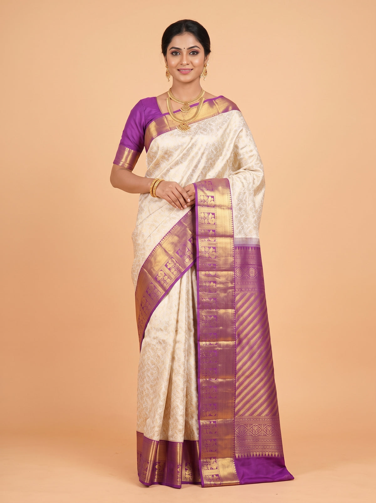 White Pure Kanchivaram Bridal Silk Saree with Floral Brocade