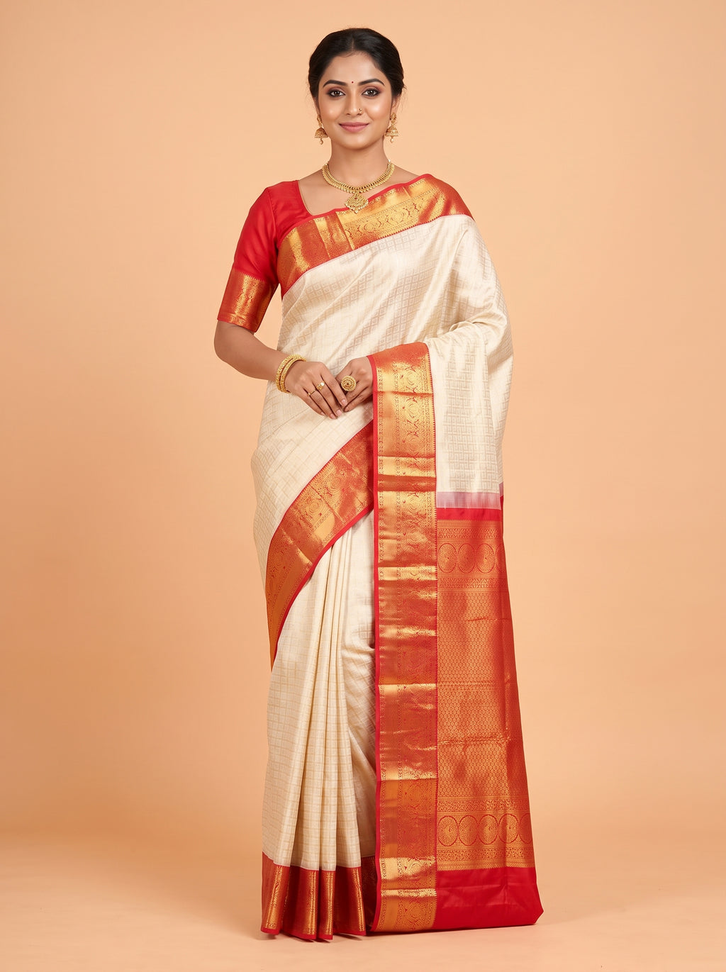 White Pure Kanchivaram Bridal Silk Saree with Geometric Zari Weave