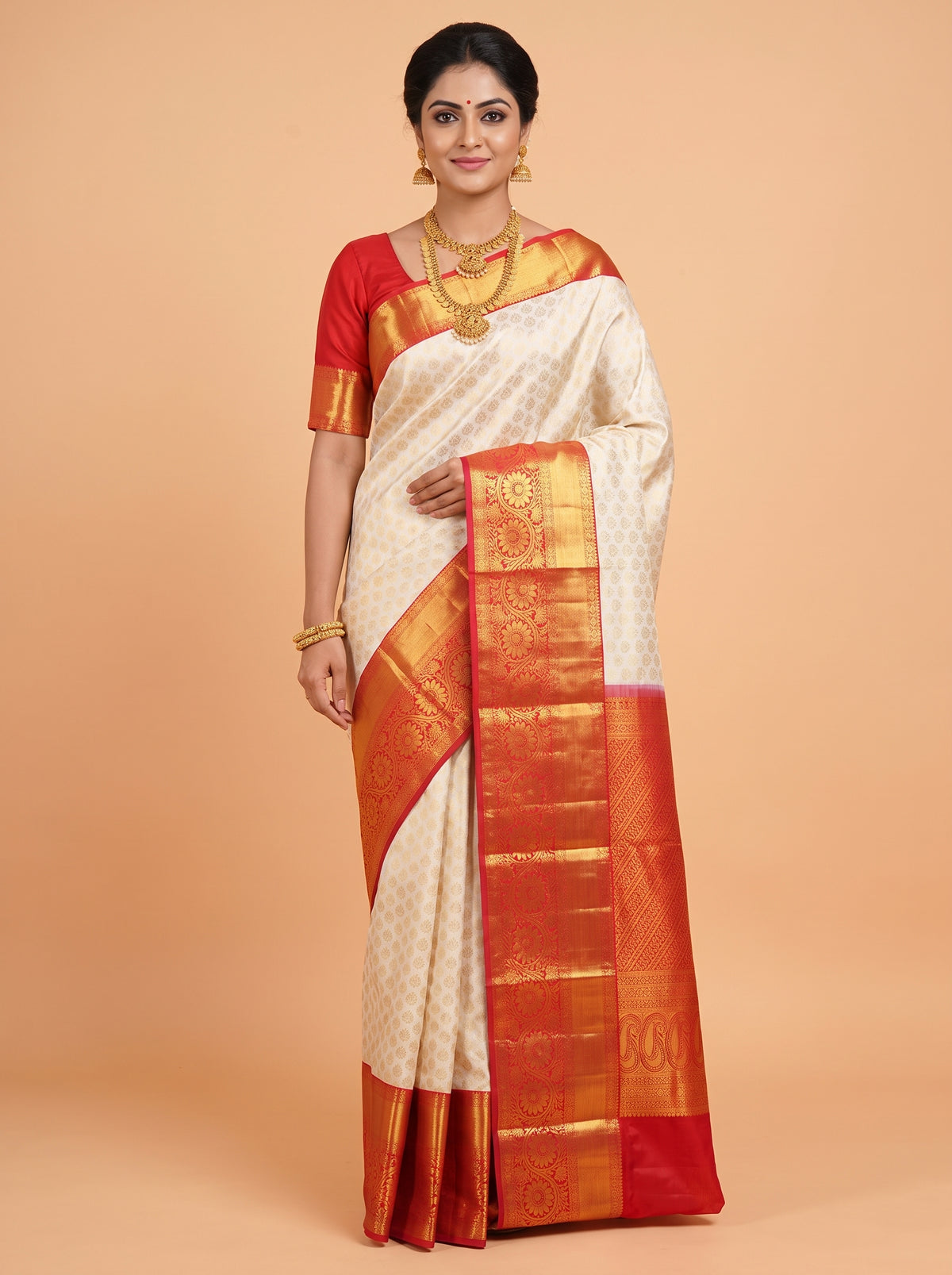 White Pure Kanchivaram Bridal Silk Saree with Floral Butta Zari Weave
