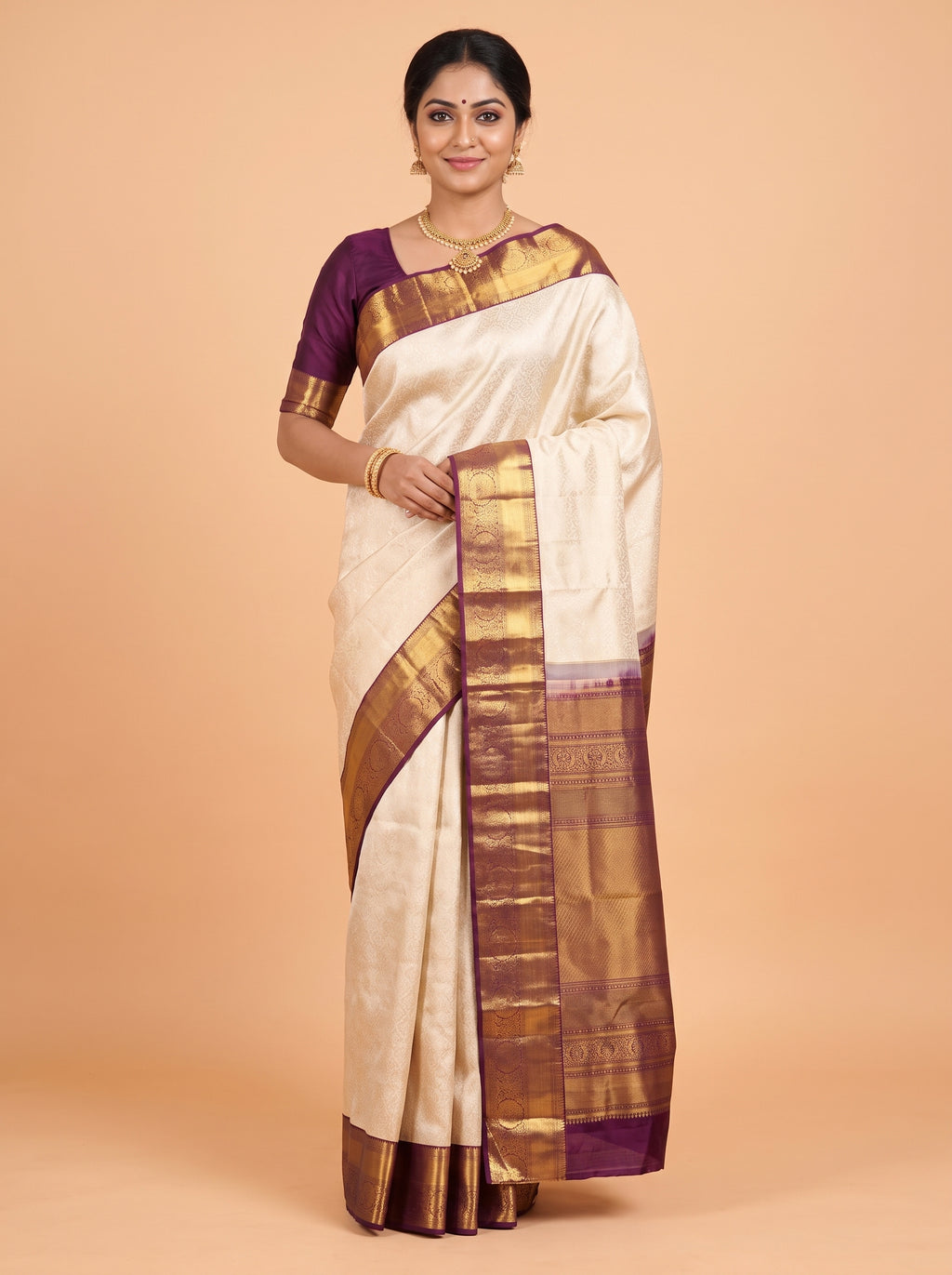 White Pure Kanchivaram Bridal Silk Saree with Fine Floral Brocade