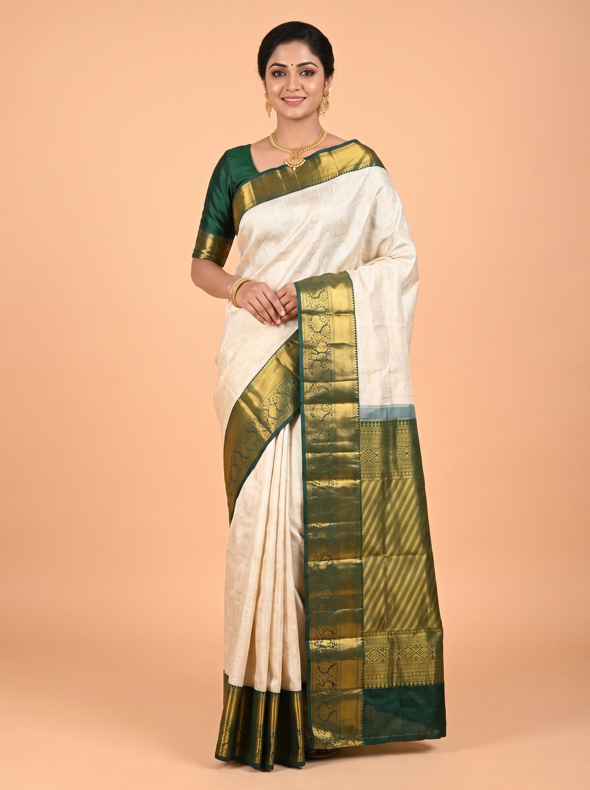 White Pure Kanchivaram Bridal Silk Saree with Gold Zari Brocade