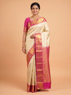 White Pure Kanchivaram Bridal Silk Saree with Floral Zari Jaal