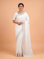 White Fancy Saree with Delicate Stonework and Scalloped Embroidered Border