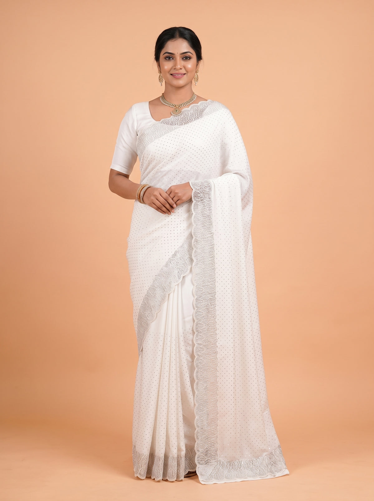 White Fancy Saree with Delicate Stonework and Scalloped Embroidered Border