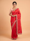 Red Fancy Saree with Gold Floral Embroidery