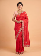 Red Fancy Saree with Gold Floral Embroidery