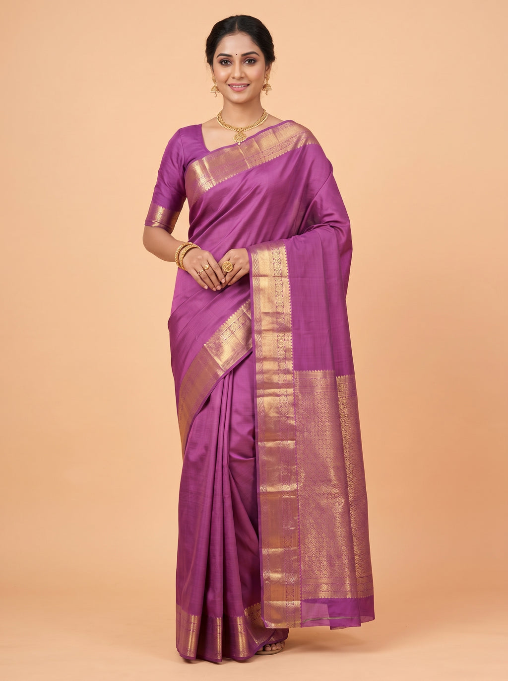 Purple Pure Kanchipuram Saree with Traditional Design Border