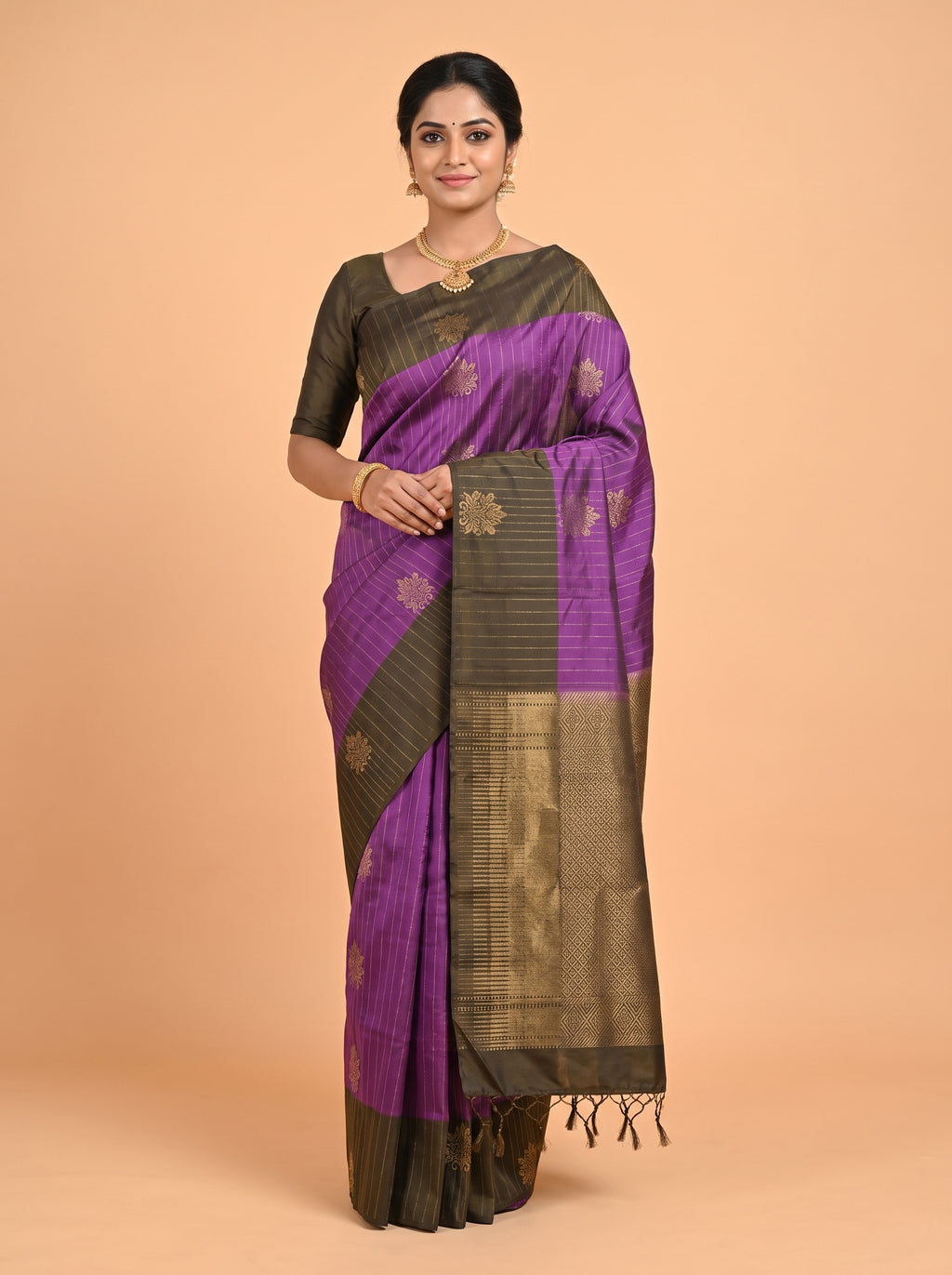 Purple Pure Kanchipuram Saree with Single Flower Motif Striped Border