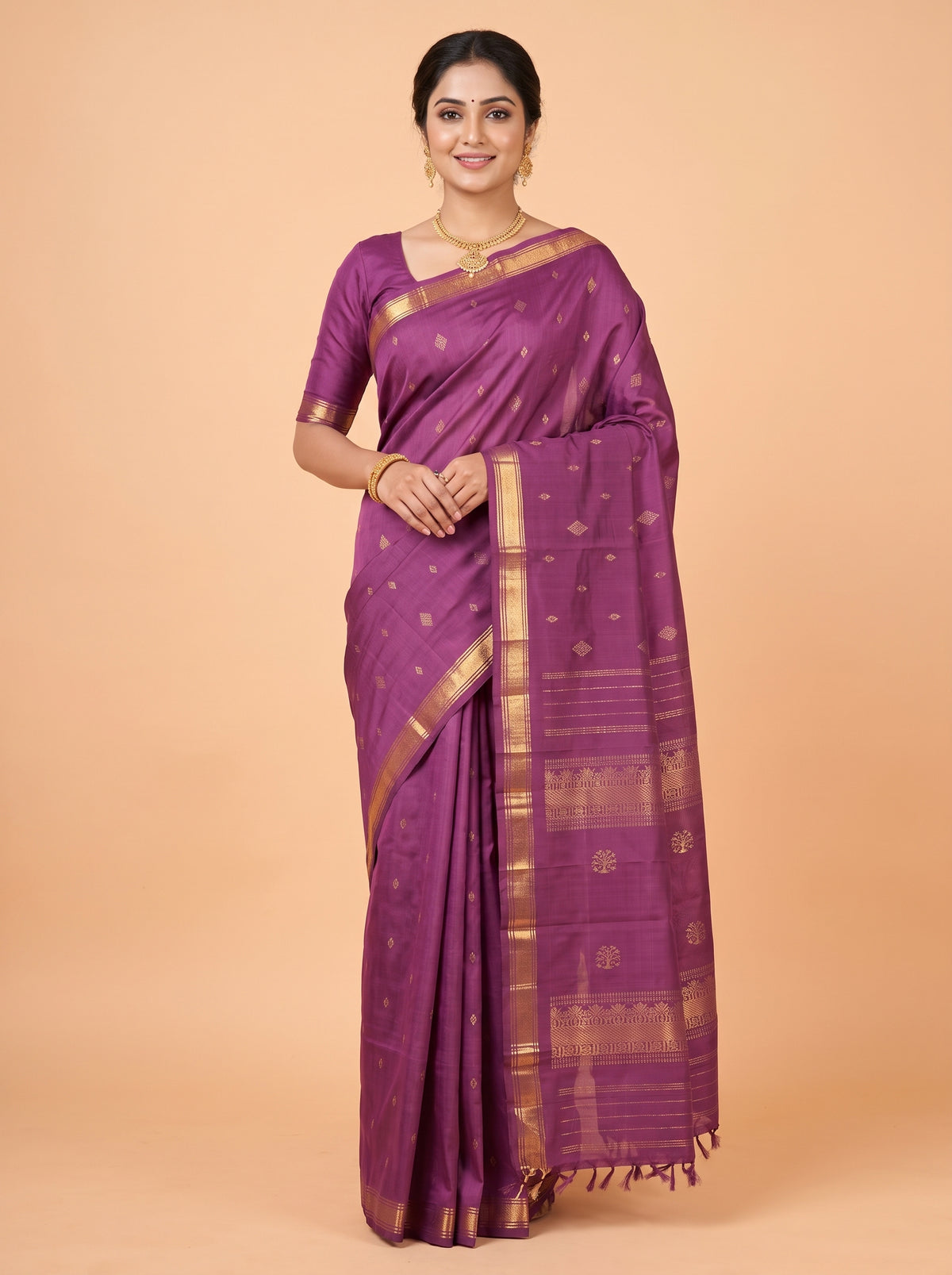 Purple Pure Kanchipuram Saree with Geometric Border Detailing