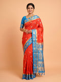 Orange Semi Silk Saree with Flower Design Border