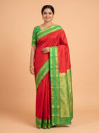 Red Semi Silk Saree with Broad Contrast Woven Border with Temple Style Triangular Motifs
