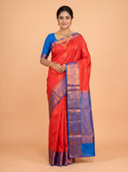 Red Semi Silk Saree with Broad Contrast Woven Zari Border