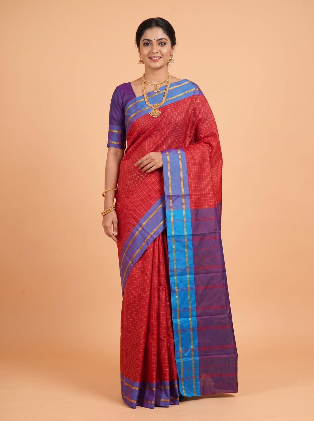 Red Semi Silk Saree with Simple Contrast Woven Gold Zari Border