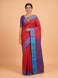 Red Semi Silk Saree with Simple Contrast Woven Gold Zari Border