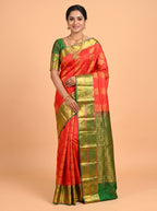 Red Semi Silk Saree with Broad Contrast Wide Ornate Zari Border