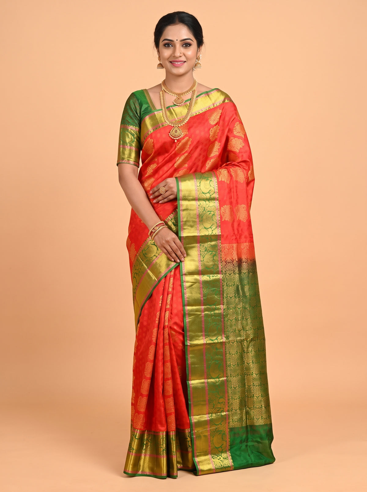 Red Semi Silk Saree with Broad Contrast Wide Ornate Zari Border