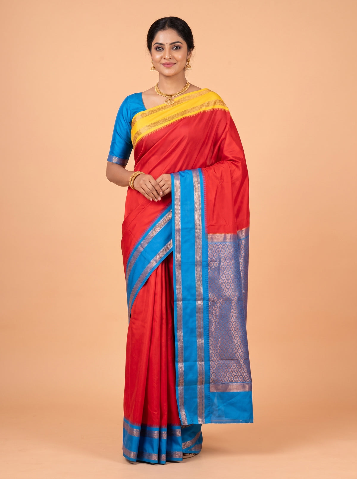 Red Semi Silk Saree with Broad Contrast Traditional Gold Zari Border