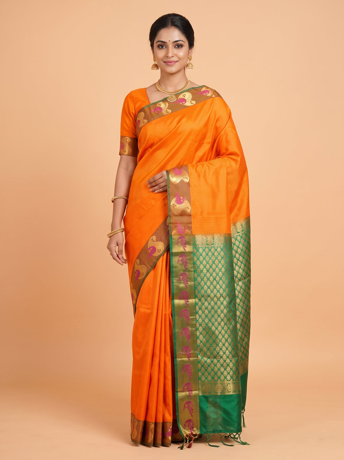 Orange Semi Silk Saree with Woven Paisley Border